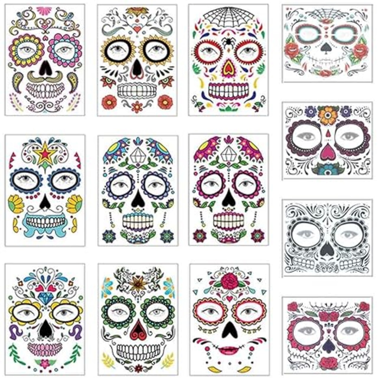 Halloween Temporary Face Tattoos Makeup Kit (13 Pack), Day of the Dead Sugar Skull Floral Black Skeleton Web Red Roses Full Face Mask Stickers Tattoo Families Party Supplies